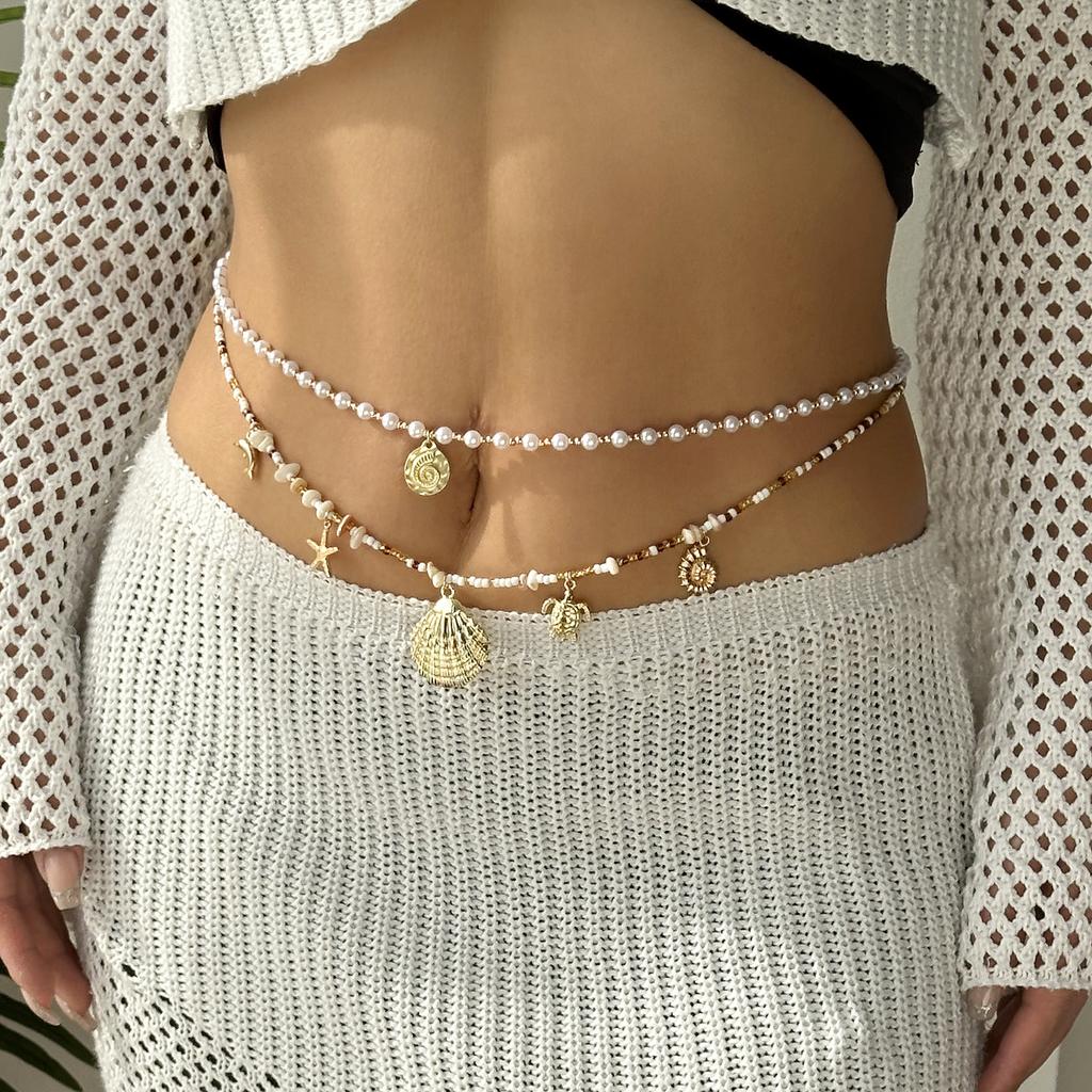 Boho Sexy Layered Rice Beads Tassel Waist Belly Chain For Women Summer Beach Sea Shell Conch Turtle Pearl Body Chain Jewelry