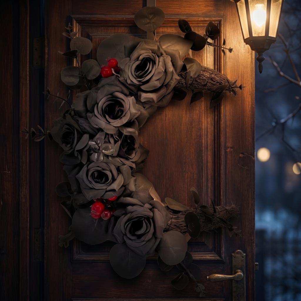 Crescent Moon Floral Wreath Halloween Home Decoration Artificial Flowers and Leaves Wall Hanging Indoor Seasonal Ornament