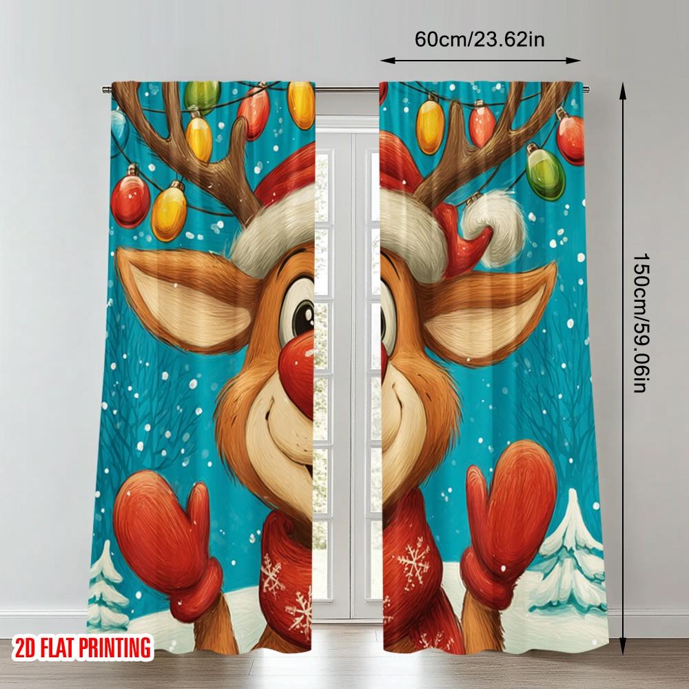 2pcs 2D flat printing Happy Christmas Scene Curtains Christmas Reindeer Cartoon Holiday Joy Digital Printed Polyester Drapes