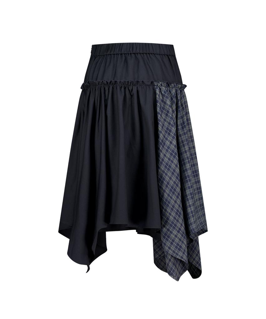 Iligo Check Color Block Midi Skirt Navy