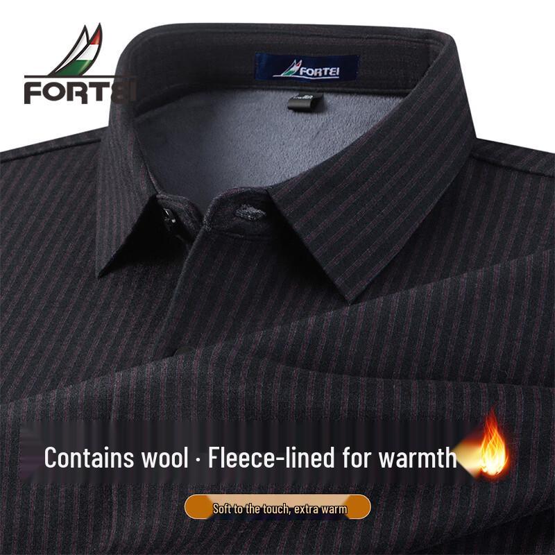 Futing Men s Striped Fleece-Lined Business Shirt with Silk and Wool Blend 58