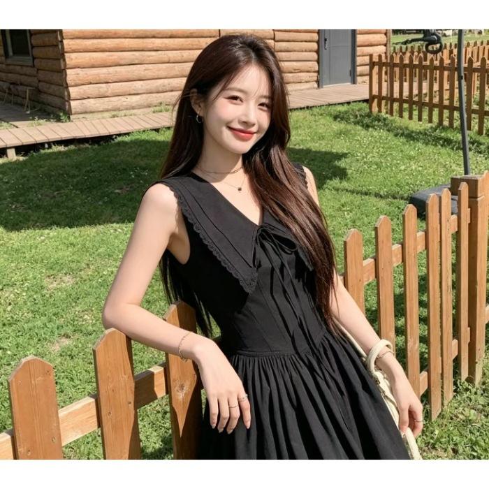 Bow sleeveless dress summer v-neck waist thin black dress summer French lapel tie French S