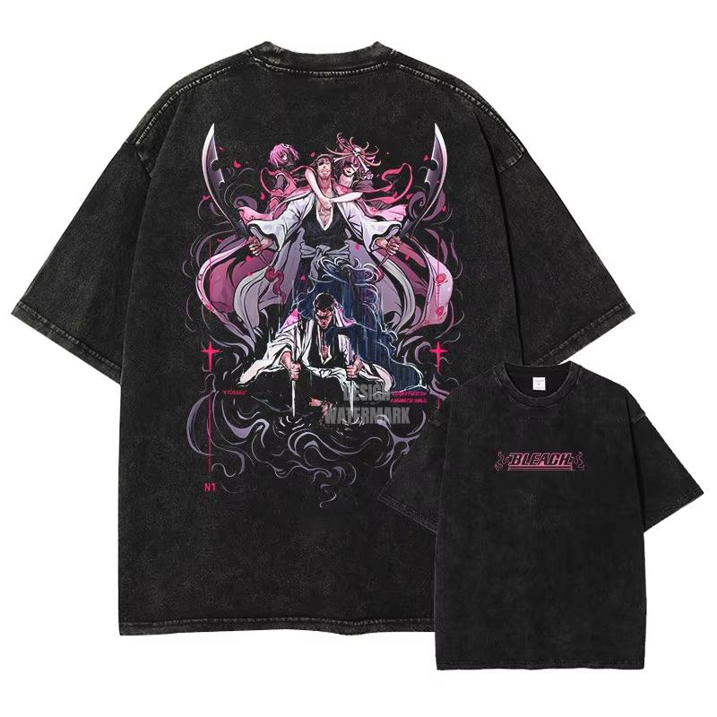 Japanese Anime Men's Graphic T Shirts Vintage Washed Oversized Women's Short Sleeved Tee Tops Streetwear Clothes