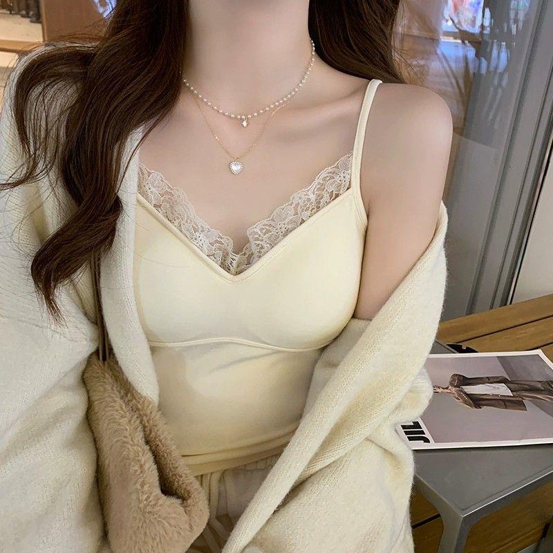Damen Fleecegefüttertes Camisole mit Brustpolster Warme Weste Herbst Winter Unterwäsche Gebürstete Spitze Ärmellos Futtertop