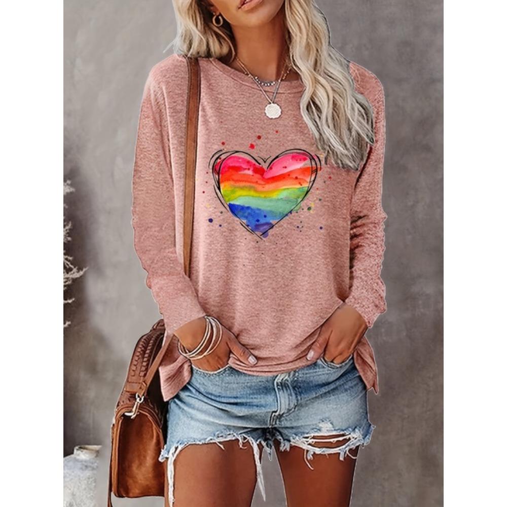 T-shirt da donna con stampa a cuore color arcobaleno, grafiche, camicette a maniche lunghe, top corto, taglie forti, abbigliamento da donna