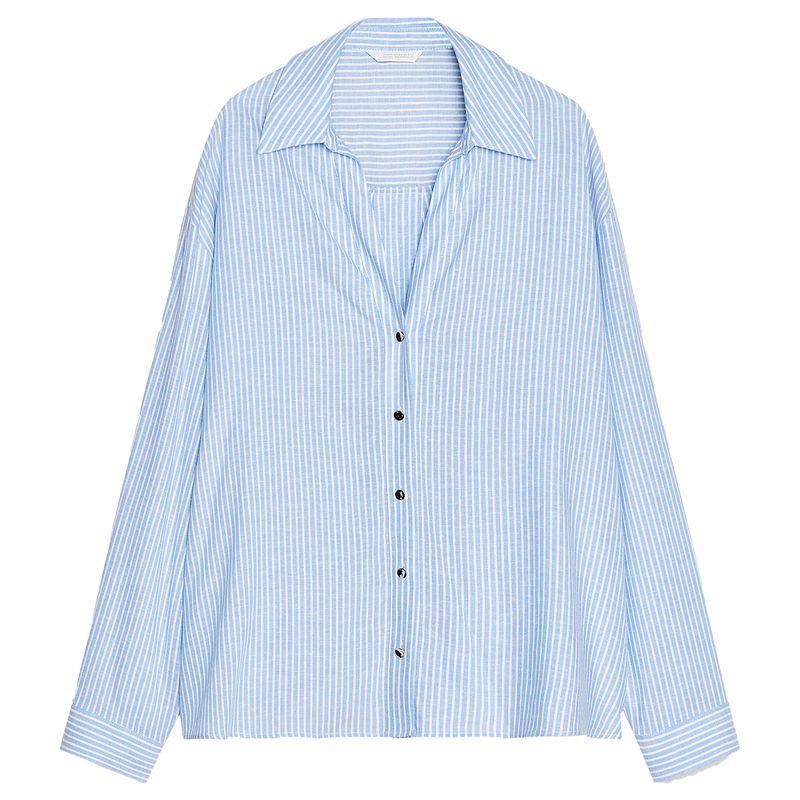 

Zaprha 2025 New Arrival Loose Linen Blend Stripes Long Sleeves Lapel Short Shirt Female Idle Style 2886909 Blue/White L