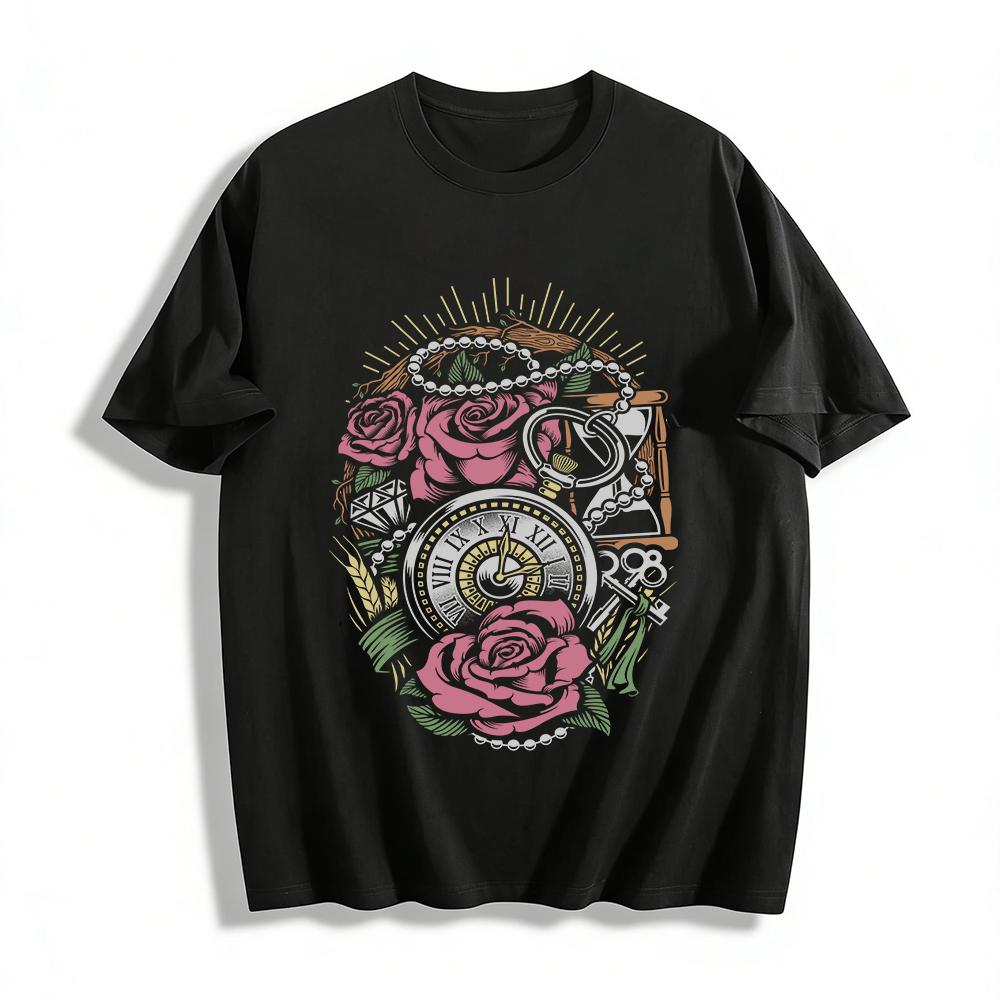 Vintage Rose Pocket Watch Print Casual T-Shirt Pure cotton T-shirt XXS