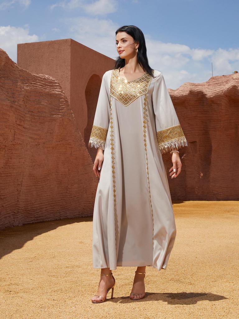 NC75 Women's Vintage Loose Plus Size Abaya: Middle Eastern Patchwork Sequin Robe with Round Neck