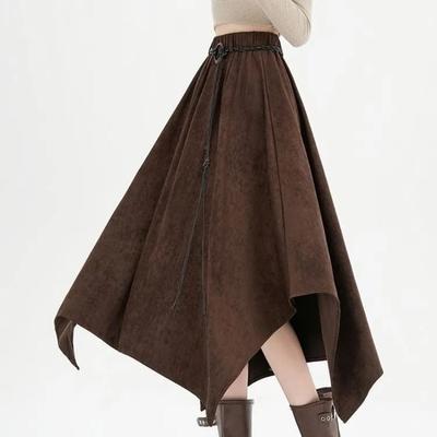 Retro Unregelmäßiger Hirschleder-Samtrock für Damen im Herbst Neu Rüschen-Spleißung Großer Schirmrock
