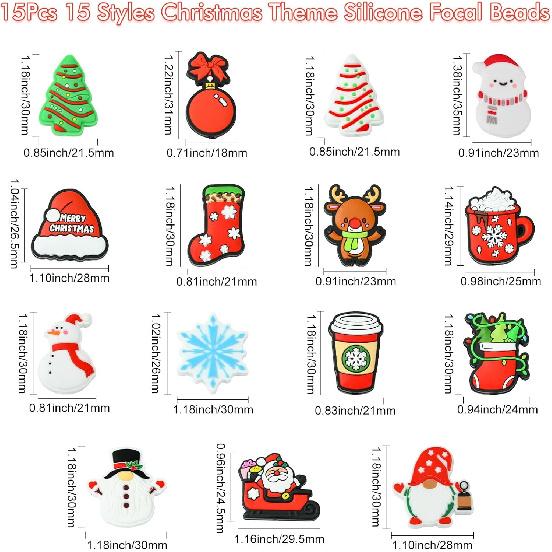 LiQunSweet 15 Pcs 15 Styles Christmas Theme Silicone Beads Santa Claus Tree Socks Snowman Snowflake Beads for DIY Jewelry Keychain Pen Craft