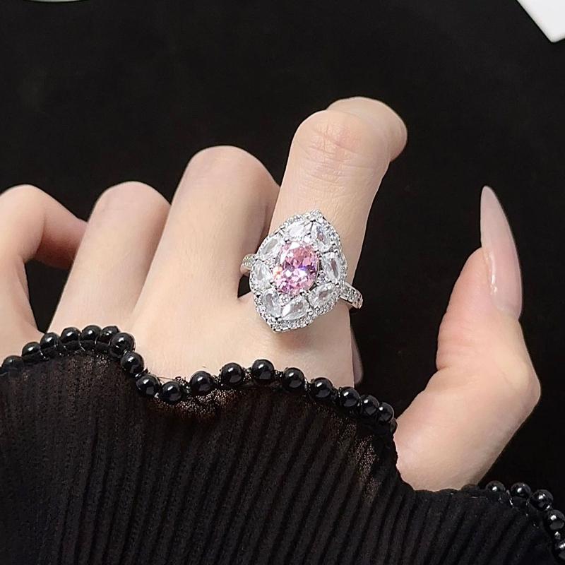 Exquisite Pink Cubic Zirconia Wedding Ring  Sterling Silver Ring High  Flower Wedding Open Rings for Women
