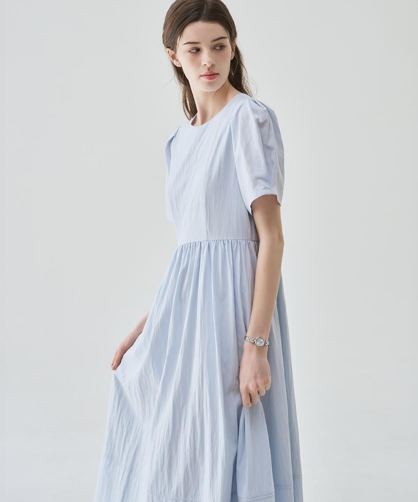 Deuloupisumeon Puff Sleeve Short Sleeve Long Dress [Sky Blue]