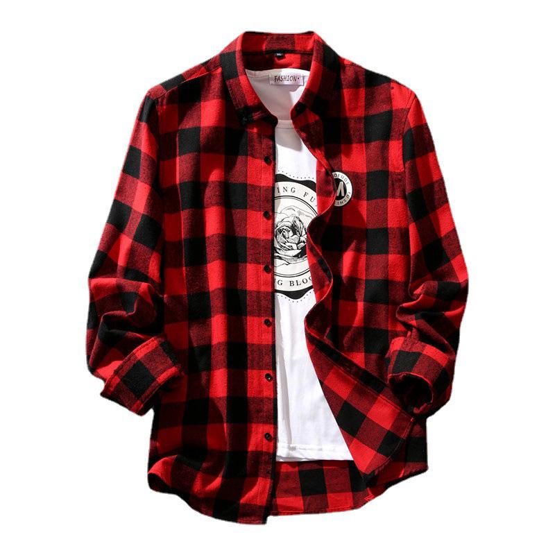 Herre Trendy Svart & Hvit Rutete Koreansk Stil Løs Casual Langermet Skjorte for Vår & Høst