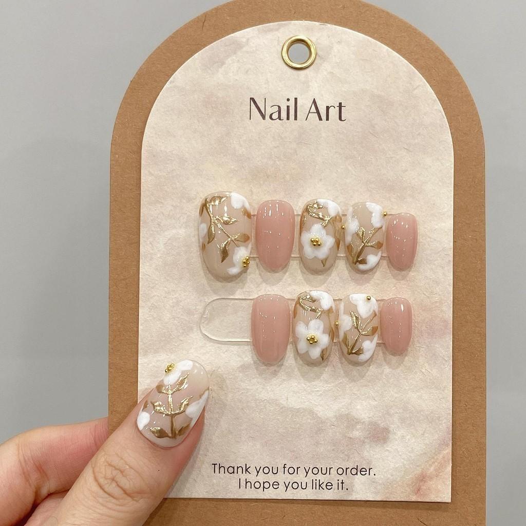 100% HANDMADE Oval Shape Fake Nail With Glue Gentle Temperament of Golden Flowers Acrylic Press On Artificial Fake Nails Reusable Nails