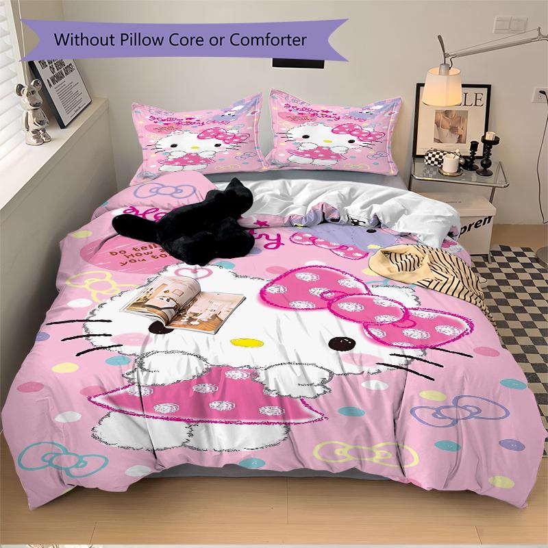 3pcs Hello Kitty's Pink Adventure Bedding Set 1 Soft Quilt Cover + 2 Pillowcases, Machine Washable Suitable for All Seasons, Perfect Gift S045