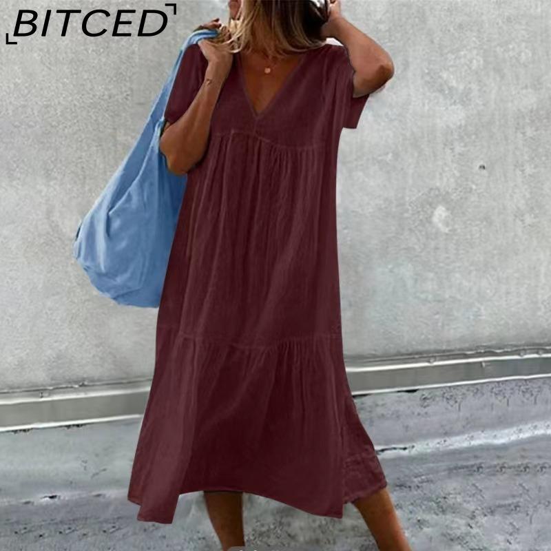 BITCED Women's Fashion Summer Spring Solid Color Print Short Sleeve V-Neck High Waist Casual Dresses