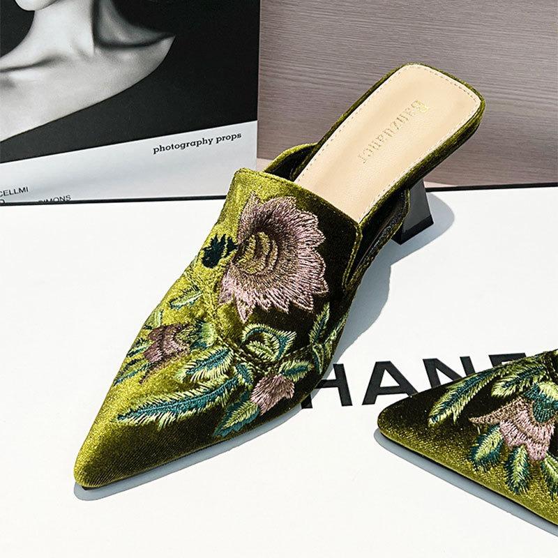 Fashion 2025 Autumn Embroidery Women Mules Slippers Luxury Fashion Elegant Pointed Toe Slides Shoes Ladies Dress Stiletto Heel Sandalias
