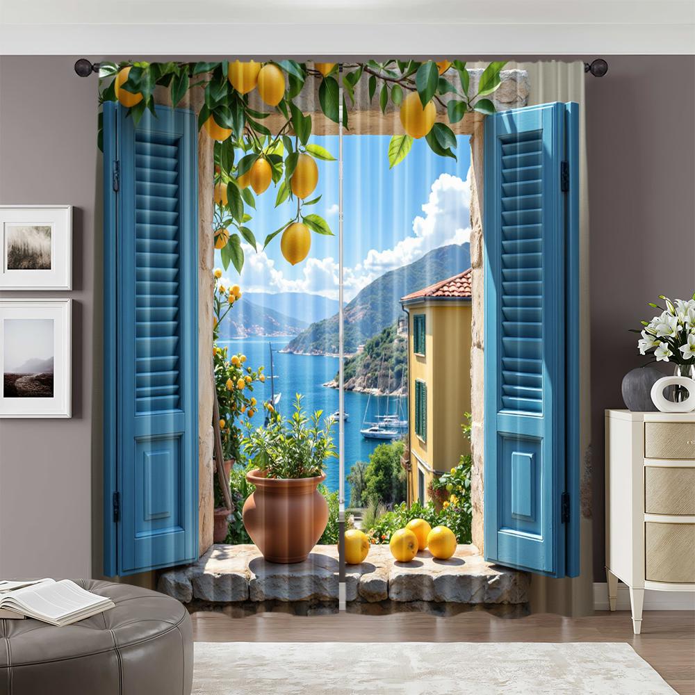 2pcs   2D Flat Printing Scene Curtains Retro Seaside Versatile Polyester Fabric  Without Electricity Spring Party & Holiday Decor