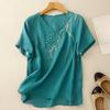Dimanaf 2025 Women Summer Plus Size Loose T-Shirt Printing Short Sleeve V-Neck Linen Basic Thin Vintage Tops Tees Maxi