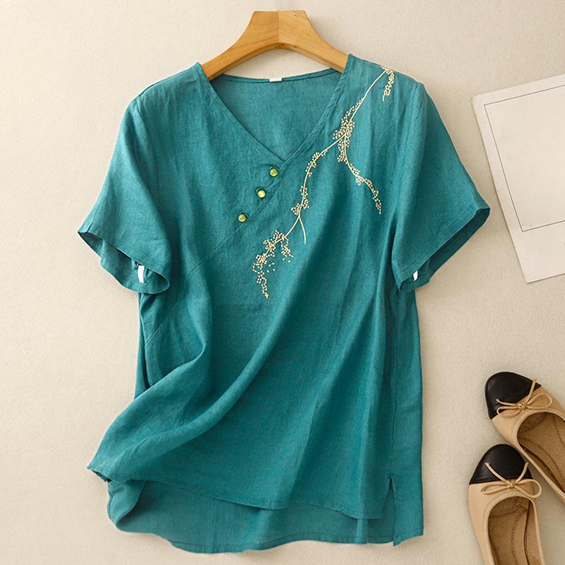 Dimanaf 2025 Women Summer Plus Size Loose T-Shirt Printing Short Sleeve V-Neck Linen Basic Thin Vintage Tops Tees Maxi