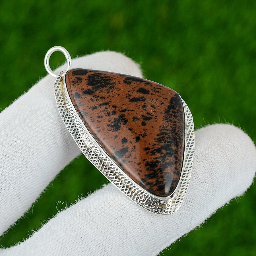 

Sterling Silver Root Chakra Mahogany Obsidian Stone Bezel Trendy Wife Pendant