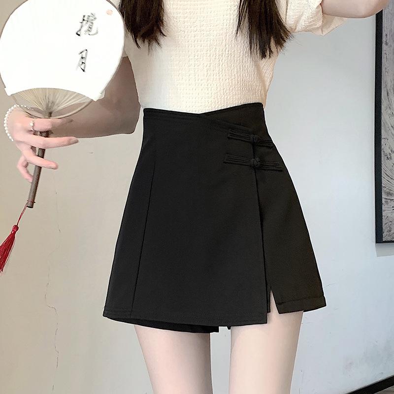 

Женская ретро юбка миди в китайском стиле, асимметричного кроя, А-силуэта, с застежками-пуговицами «лягушками» и разрезом Large чёрный