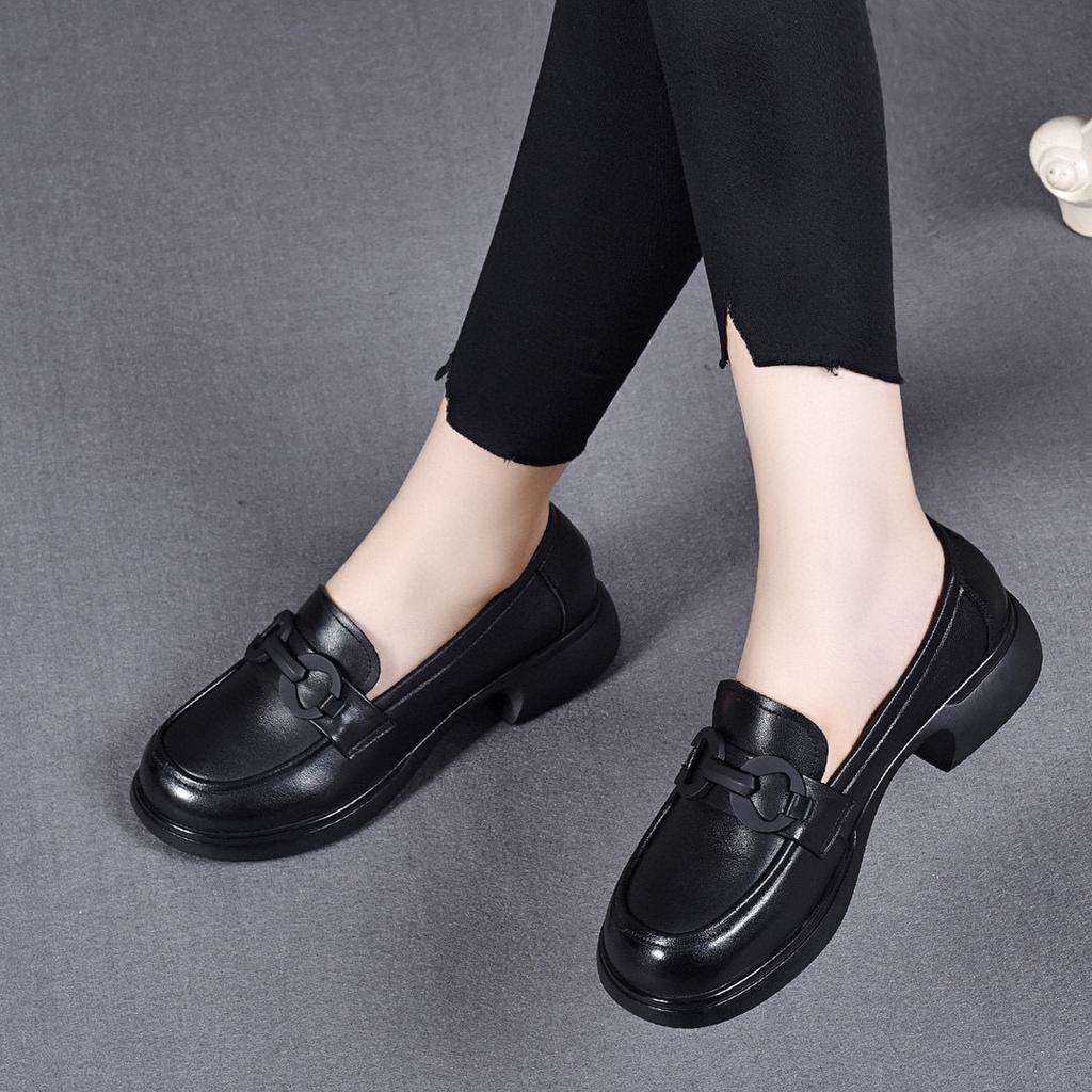 Flat Shoes Women's Shoes Autumn New Round Head Round Buckle Small Leather Shoes College Style First Layer Cowhide Comfortable Four Seasons Shoes