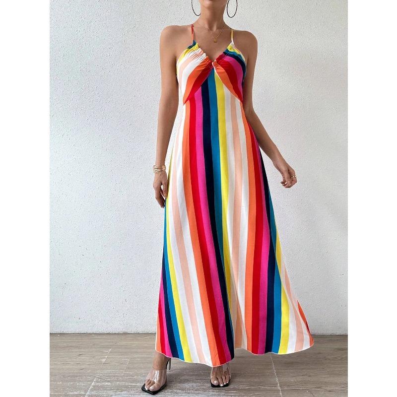 Women's Summer Ethnic Pattern Backless Split Thigh Dress Ladies Summer Clothes Fashion Frill Trim Long Dress Beach