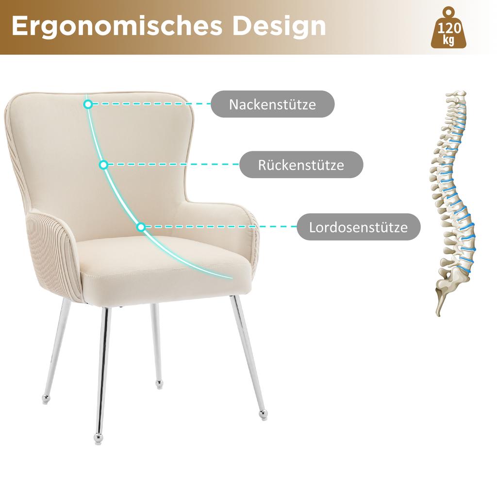 Velvet Dining Chair, Set of 2, Luxurious, Living Room, Bedroom, Lounge Chair, Four Silver Metal Legs, Armrests, Adjustable Feet, Lumbar Support, Beige