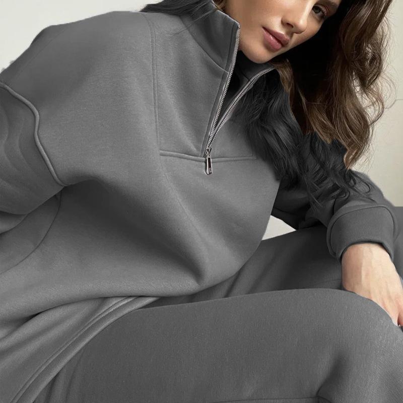 Conjunto de sudadera de 2 piezas con forro polar y cremallera de un cuarto para mujer, jersey, pantalón de chándal, conjunto de chándal a juego para estar en casa, conjuntos de otoño e invierno para mujer