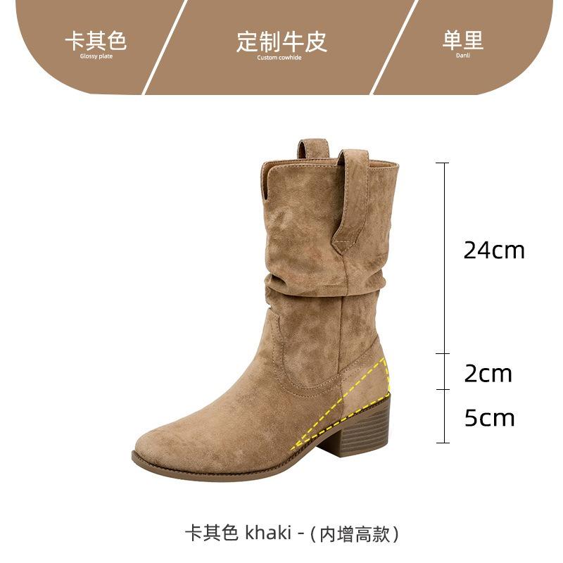 

Cowhide version inner height increase Martin boots children s thick heel thin pile boots medium boots western cowboy boots knight boots 40