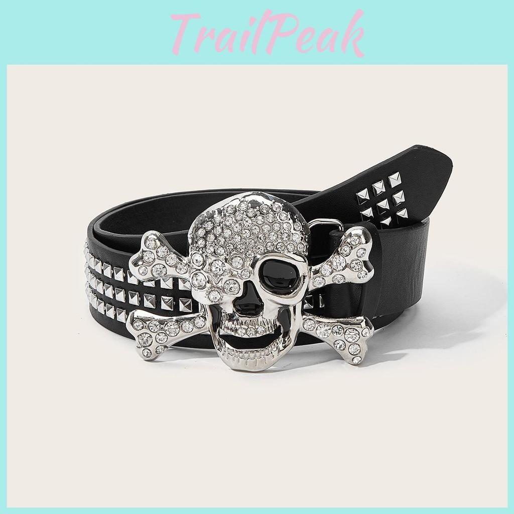 Style Skull Punk Pattern Pu Belt With Snap Closure For Youth And Casual Outfits
