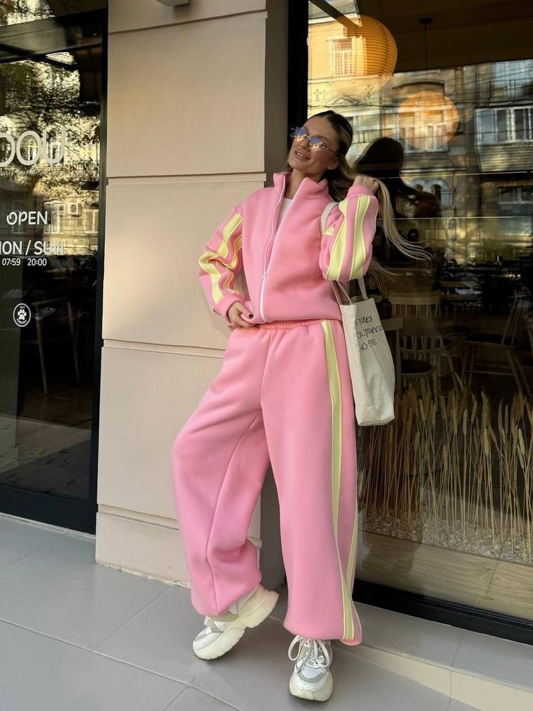 Casual European and American Women's Color Matching Suit Zipper Stand-up Neck Cardigan Jacket Elastic Sweatpants Striped Two-piece Set