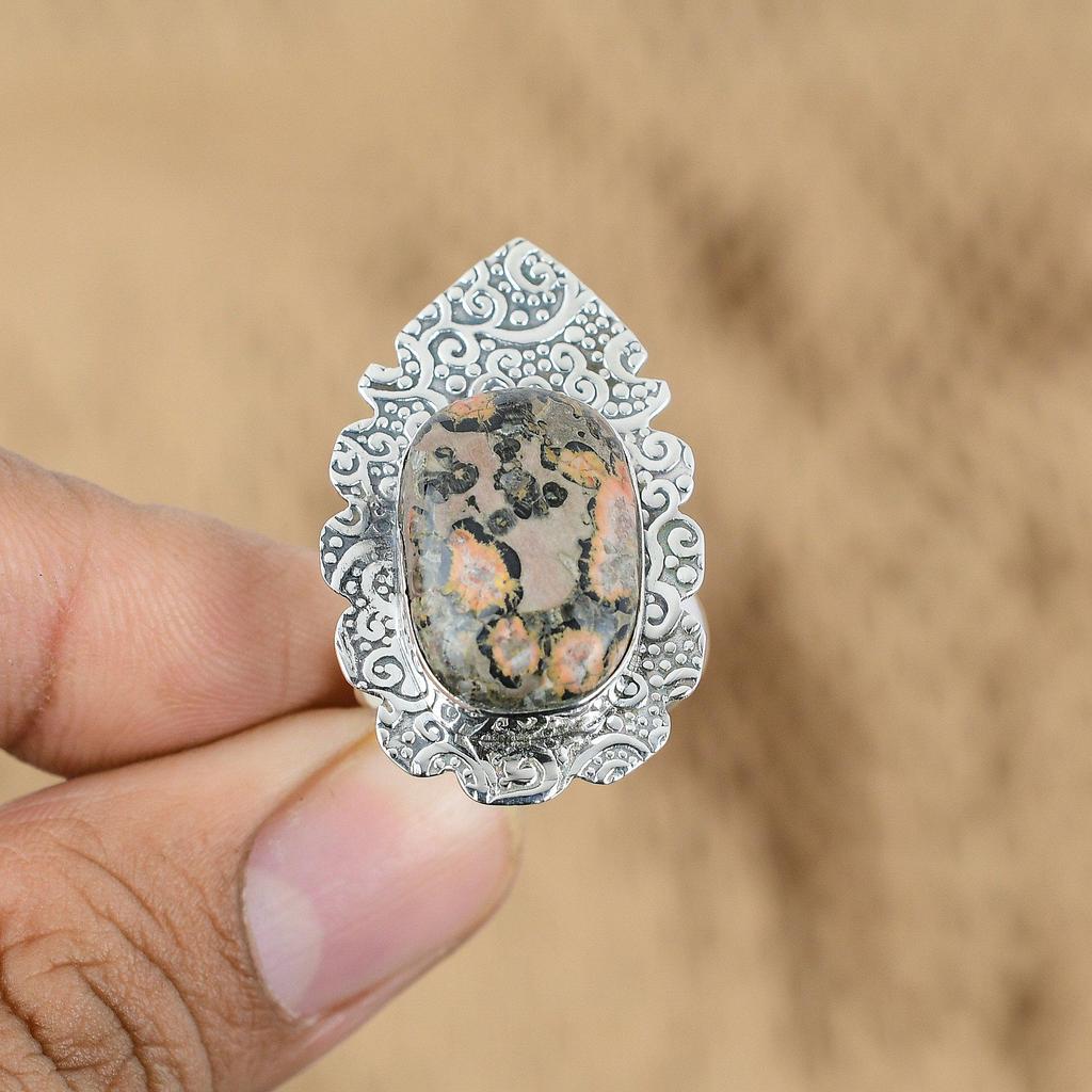Geschenk für Sie 925 Silber Natürlicher Leopardenjaspis Versprechen Verstellbarer Ring