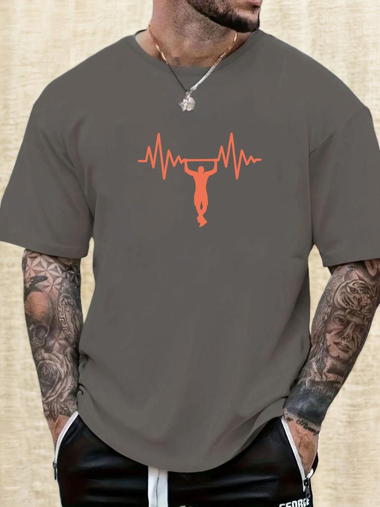 Mens Casual Tshirt Gymnastics Heartbeat Print Short Sleeve Round Neck Breathable Soft Oversized Sporty Daily Tee