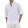 Polo da uomo a maniche lunghe in cotone lino, leggera, con scollo Henley, stile hawaiano da spiaggia, top a tinta unita, t-shirt da vacanza