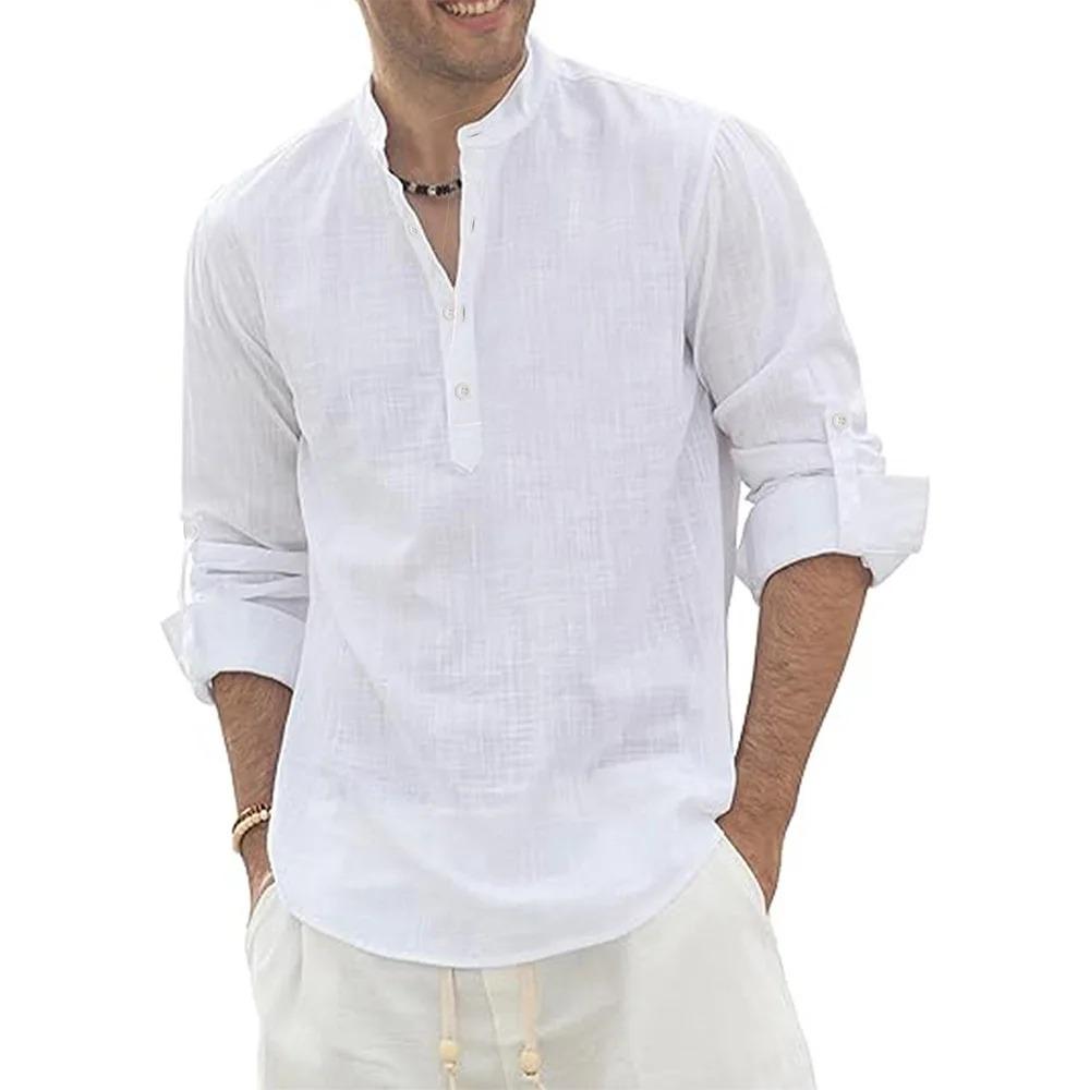 Herren Baumwolle Leinen Langarm Poloshirt Leichtgewicht Henley Kragen Hawaiianischer Strandstil Unifarben Oberteile Urlaubs-T-Shirt US M 60-70 KG weiß