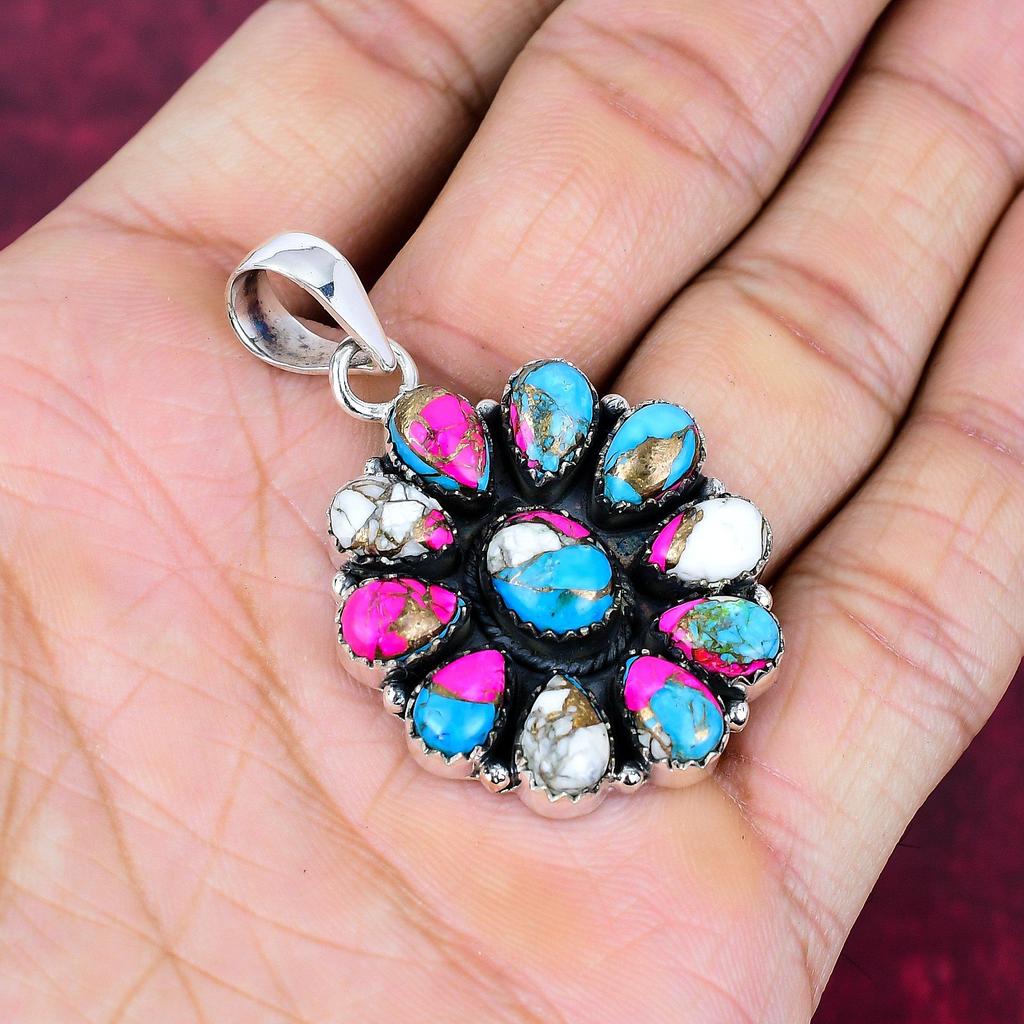 Cotton Candy Turquoise Handmade Gemstone Pendant, 925 Solid Sterling Silver Pendant Antique Jewelry, For Engagement Gift