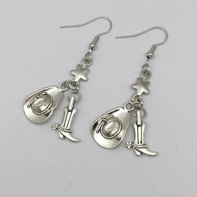 Silvery Cowboy Hat Boots Pentagram Design Dangle Earrings Alloy Jewelry Goth Style Creative Gift For Women Girls