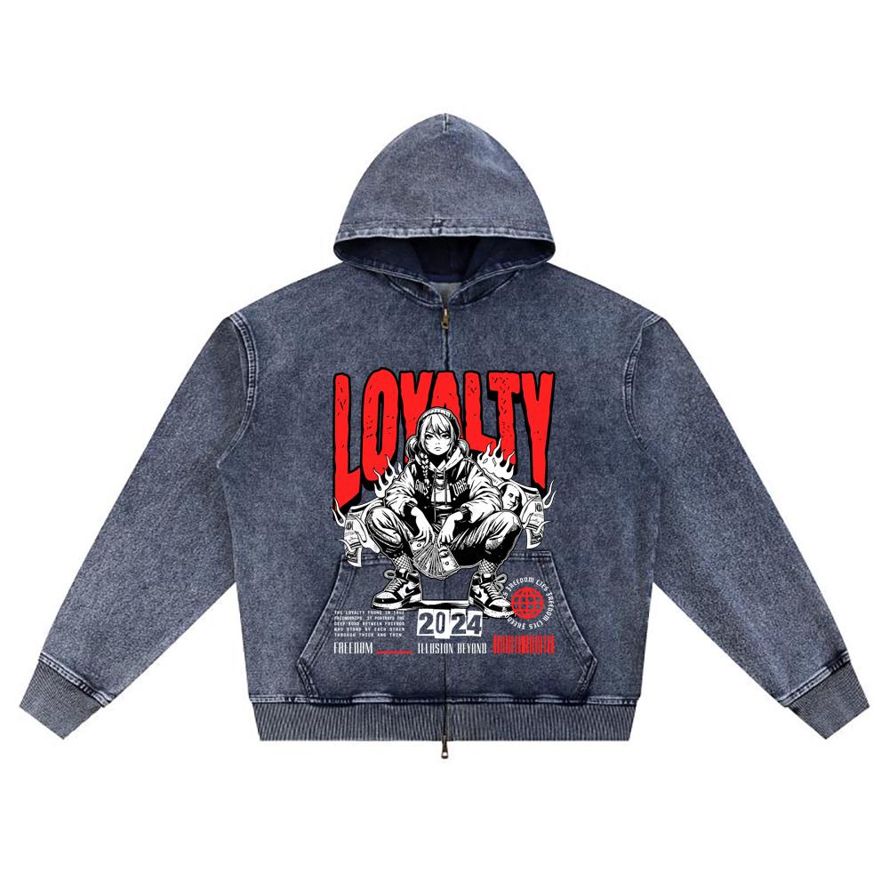 

DTG print Knitted Denim Zip-Up Hoodie Loyalty Brother Print Zipper Hoodies XL темно-синий