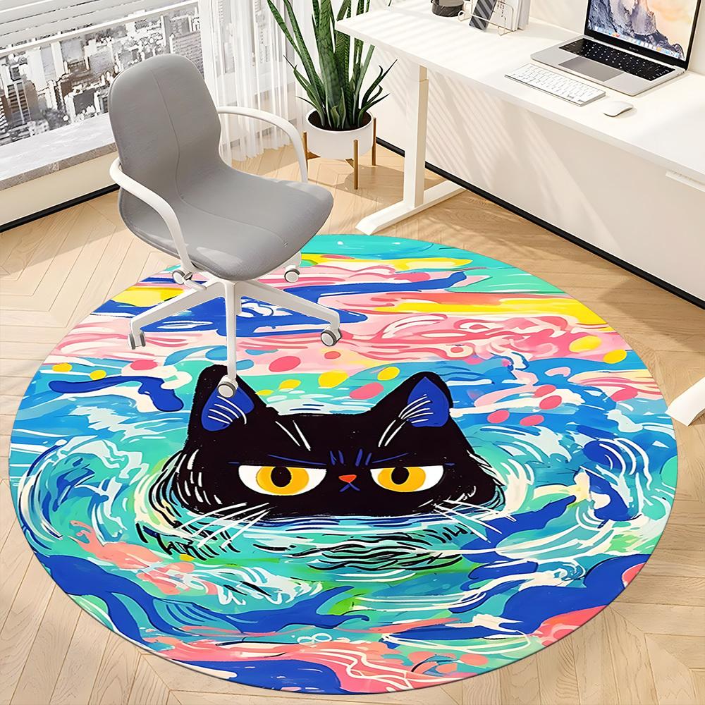 1PC Cat Swimming Office Round Rug, Non Slip, Soft and Durable Office Rug for Interior Decoration, Perfect for Office