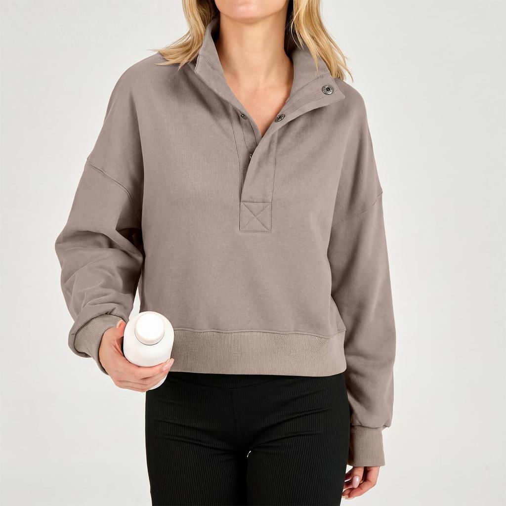 Women's Color Loose Fit Half Zip Button Long Sleeve Sweatshirt Top