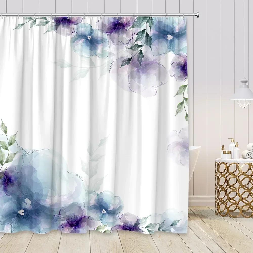 Ensemble de Rideaux de Douche Floraux Peints à la Main Fleurs Aquarelle Plantes Coquelicots Papillon Simple Polyester Décor de Salle de Bain Nordique Crochets