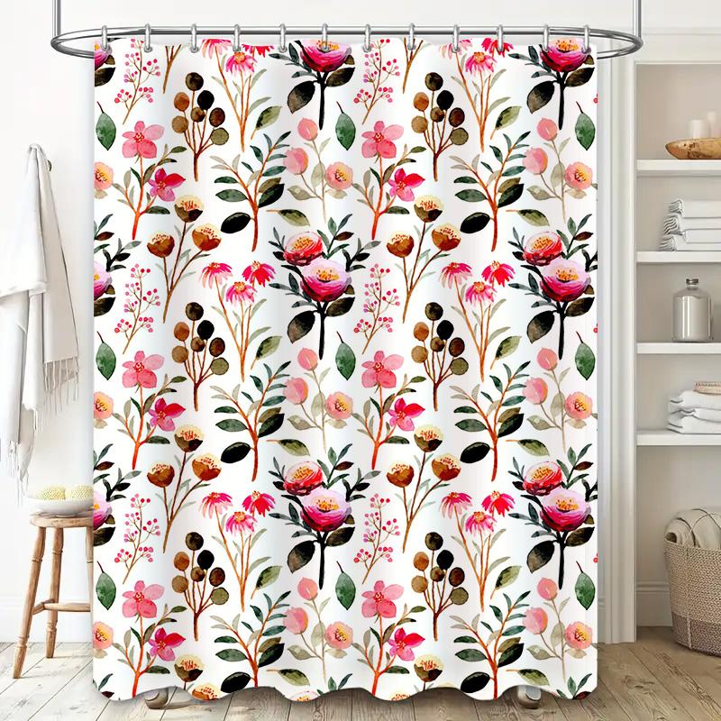 Floral Shower Curtain Pink Blossoms Greenery Bath Decor Waterproof Fabric 180X275Cm Home Accessories