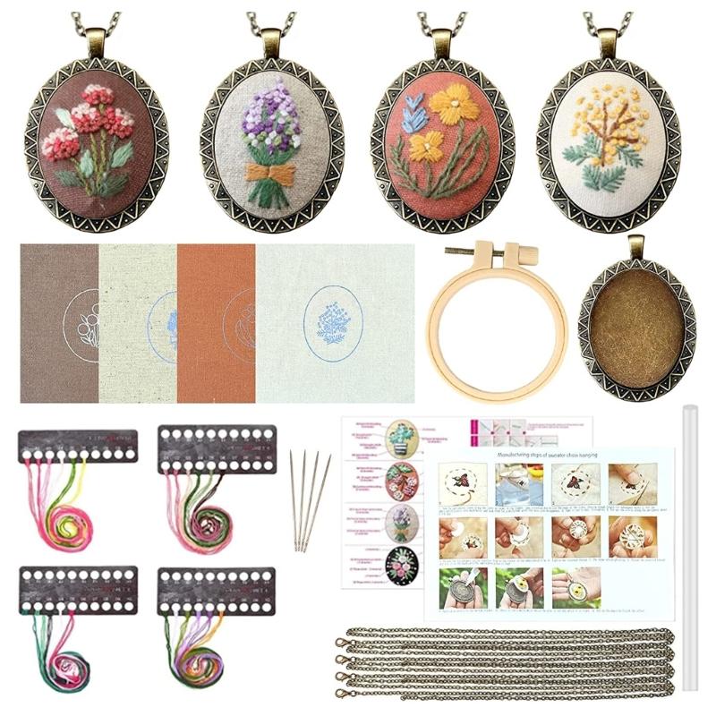 4-Pack Fashion Embroidery Pendant Kit with Scissors Needles Instructions DIY Necklace Art Crafts for Cross Stitch Kits G