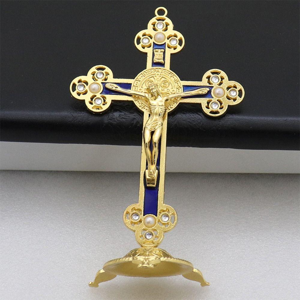 Golden Cross Ornaments Double-sided Tape Metal Statues Creative Handicrafts Oil Droped Colors Car Ornaments Christ On The Stand