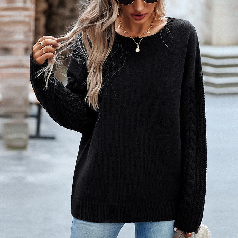 Loose Knitted Sweater Women Long Sleeve O Neck Autumn Winter Solid Color Tops