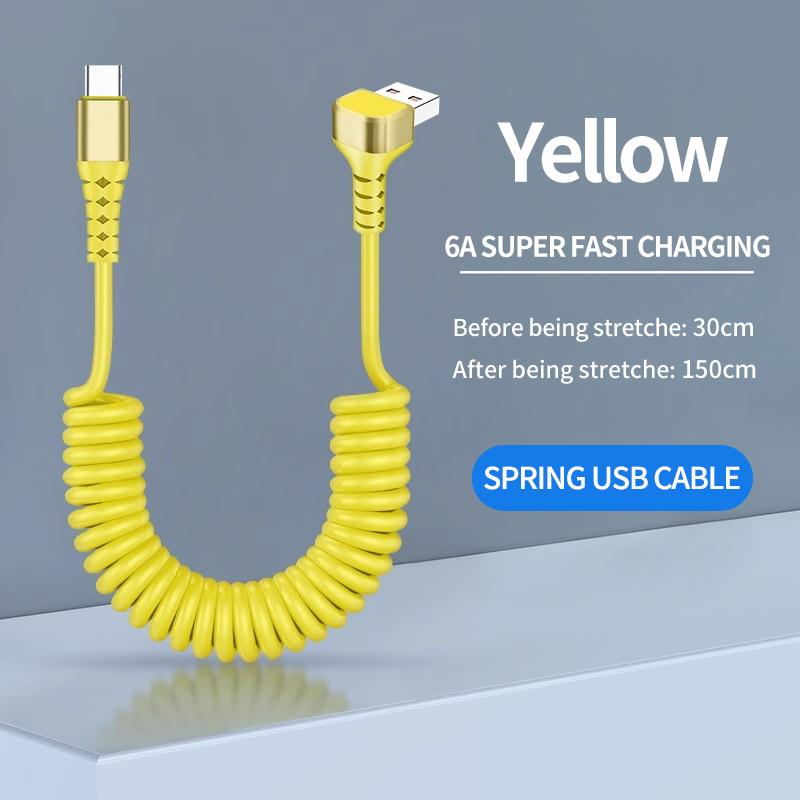 1.5M Coiled USB-C Type C 5A Fast Charging Data Cable 90 Right Angle Retractable Pure Copper Mobile Phone Cord for