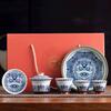 Blue and White Porcelain Lotus Kung Fu Tea Set: Enamel Teacup, Hovering Lid, Teapot, Saucer, and Master Cup.