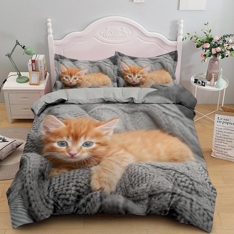 Little Cat Duvet Cover King Queen Size 3D Grey Cute Kitten Bedding Set For Adults Lovely Animal 2/3pcs Polyester Quilt Cover